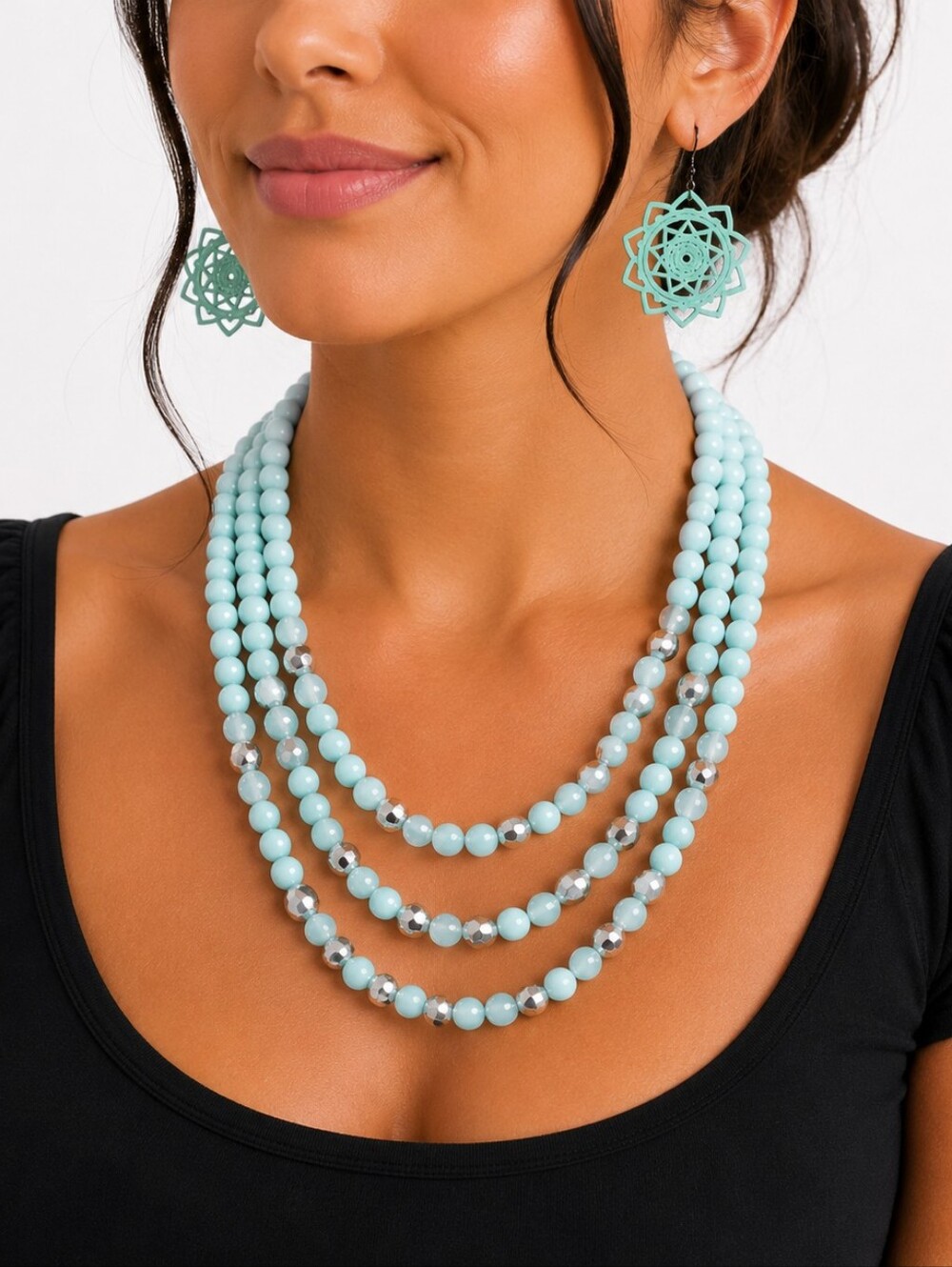 💎 Aqua Blue Silver Beaded 3 Strand Necklace Mandala Earrings Jewelry Set